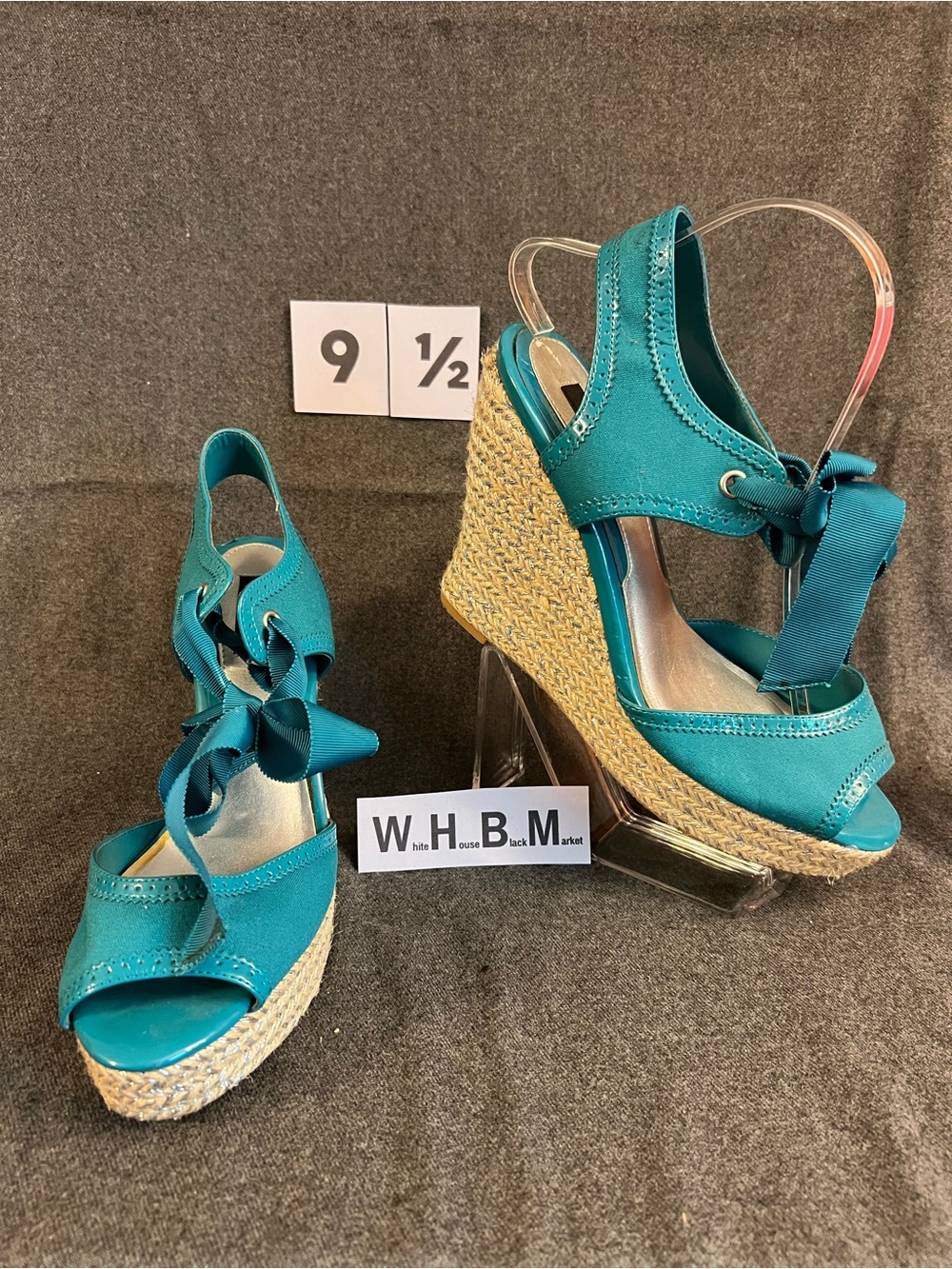 WHBM Teal Wedge Espadrille Sandals with Bow Accent - Women